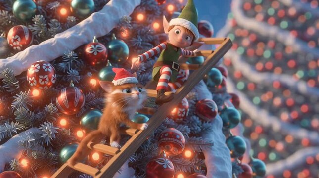 Funny 3D animated scene of a clumsy elf on a ladder placing a star on a huge Christmas tree as a playful cat in a Santa hat bats at him, ornaments falling, warm cheerful lighting.