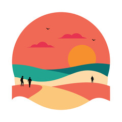 Sunset landscape with figures and birds desert dunes