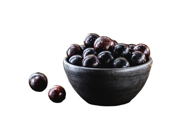 Jaboticaba or jabuticaba is a purplish black-white fruit that can be eaten raw or used to make jams, juices, liqueur or wine. Typical Brazil fruit on white isolated background.
