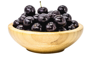 Jaboticaba or jabuticaba is a purplish black-white fruit that can be eaten raw or used to make jams, juices, liqueur or wine. Typical Brazil fruit on white isolated background.