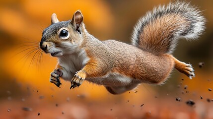 Squirrel leaning in mid air