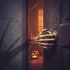 Skeletal hand reaches out from inside a room towards the doorknob of an old door against a jack-o'-lantern 