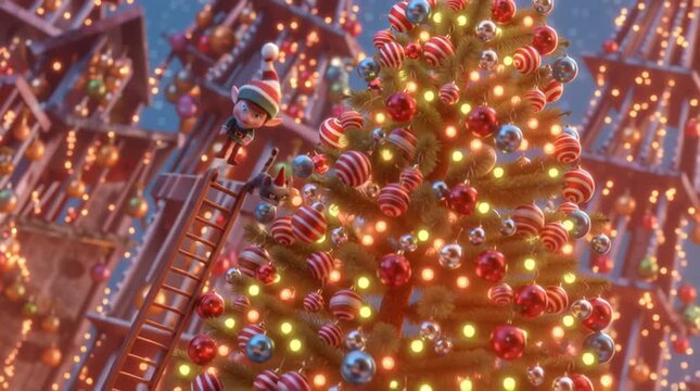 Funny 3D animated scene of a clumsy elf on a ladder placing a star on a huge Christmas tree as a playful cat in a Santa hat bats at him, ornaments falling, warm cheerful lighting.