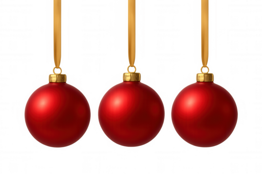 Three red christmas tree ornaments hanging from golden ribbons, symbolizing holiday celebrations and festive cheer