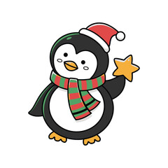 Cute Penguin Character Outline Vector Drawing with Santa Hat and Scarf for Winter Kids Clipart