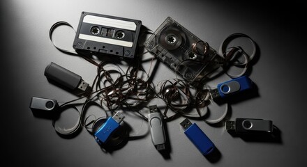 Old media storage including vintage audio cassette tapes and modern usb flash drives. This old media storage comparison highlights evolution of recording and storage technology over time.