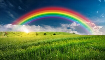 Naklejka premium Beautiful Meadow With Rainbow Background Illustration