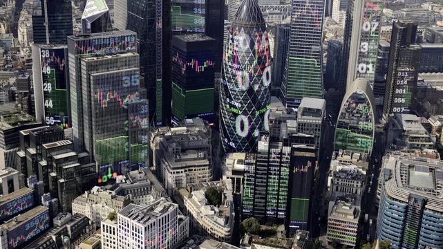 london city financial skyline with trading data on buildings - Powered by Adobe