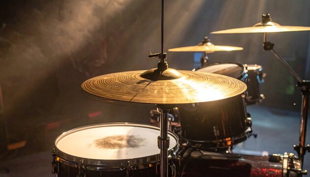 A close-up of a drum set with cymbals, illuminated by stage lights. The scene is filled with hazy atmosphere and shadows