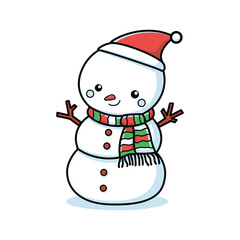 Happy Snowman Outline Vector Character with Scarf and Hat Waving for Winter Greeting Design.