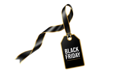 Black friday tag with ribbon isolated on transparent background