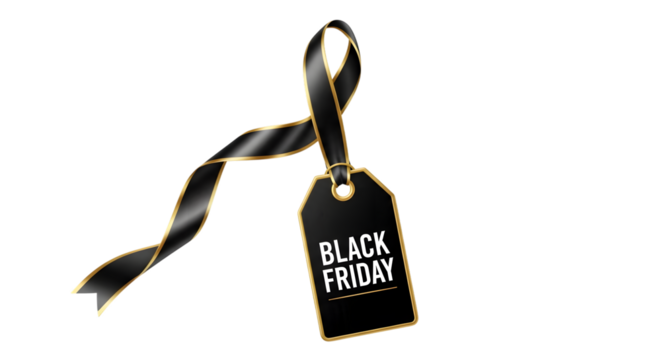 Black friday tag with ribbon isolated on transparent background