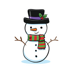Snowman Outline Vector Drawing with Black Top Hat and Red Scarf for Classic Holiday Character