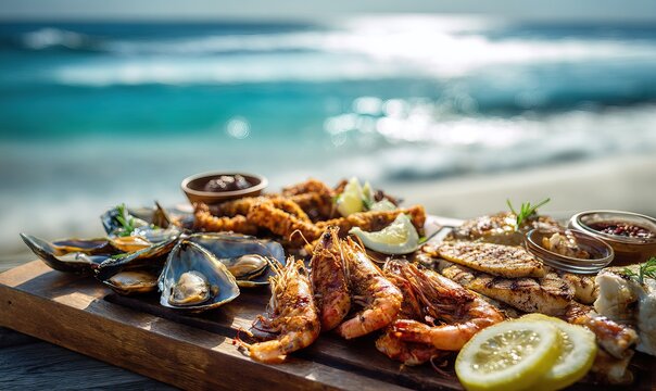 Seafood Feast on the Beach Fresh Oysters Shrimp and Fish with Condiments