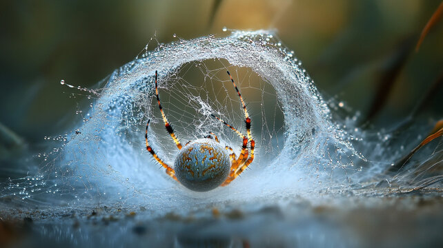Orb-weaver spider spinning a dew-covered web in morning mist.