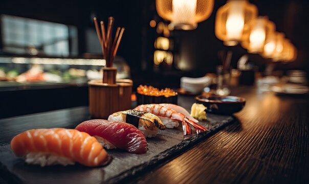Delicious Sushi Nigiri Platter on a Slate Board in a Restaurant Setting
