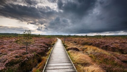 Dramatic Overcast Sky Over Moorland Peat Bog Path