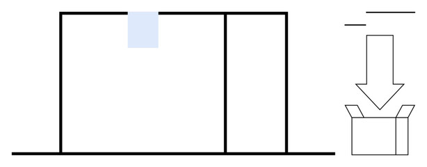 Sliding box mechanism under a downward arrow entering an open package. Ideal for logistics, delivery, e-commerce, warehouse, process management, organization, supply chain, simple flat metaphor