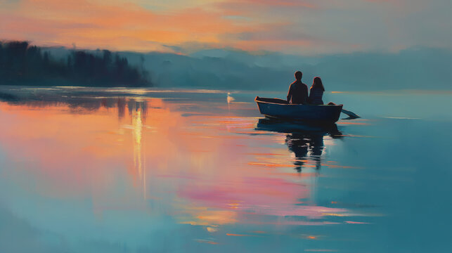 A tender boat ride at dusk drifts across a glowing lake, soft ripples catching golden and violet hues, while a couple shares quiet glances under lantern light, wrapped in serene romance.