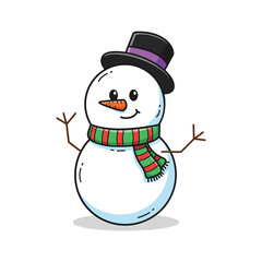 Snowman Outline Vector Character with Top Hat and Cute Smile for Kids Coloring Book Page