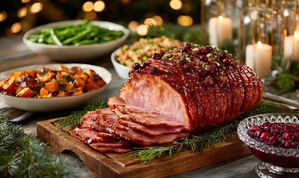 Holiday feast featuring sliced glazed ham, cranberries, and various festive side dishes