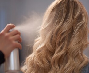 Naklejka premium hairdressers hand spraying hairspray on styled wavy blonde hair
