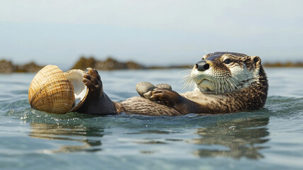 Otter floating on its back, cracking open a clamshell with a rock.