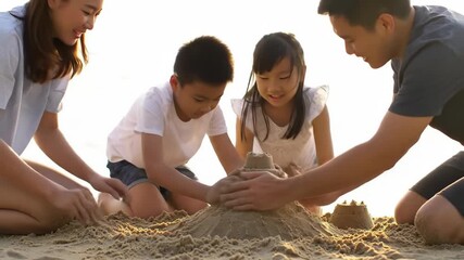 happy asian family with children playing and building sandcastle on beach at sunset. parents and kids enjoying summer vacation together. bonding and leisure. - Powered by Adobe