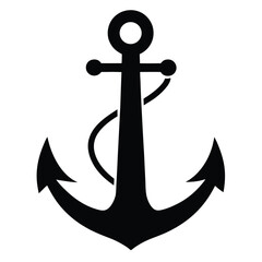 Bold black silhouette shows a classic ship anchor isolated against a white backdrop