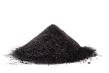 Granulated Activated Carbon, industrial use, on isolated white background, copyspace