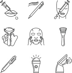 Beauty and skincare icon set featuring cosmetic tools and treatments for facial care, wellness, dermatology, and aesthetic procedure illustrations.