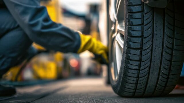 Automotive technician wearing yellow gloves using a pressure gauge on a car tire during a routine inspection at a service station, with a focus on the wheel and the blurred garage interior