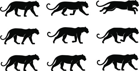 Black Panther Silhouette Vector Series Showing Walking and Running Motion in Grid Layout for Wildlife, Anatomy, and Animation Reference Design
