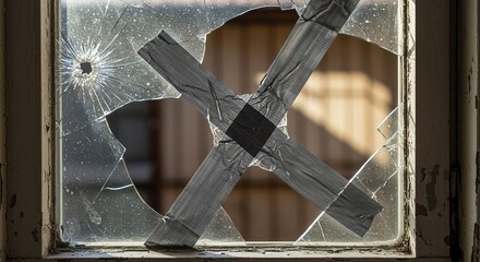 A broken window with glass shattered in a radial pattern and taped with silver and black duct tape in an "X" shape. The window frame is weathered.