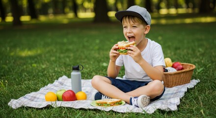 A young boy in a cap eats a sandwich on a picnic blanket outdoors. Fruits and a basket are nearby.