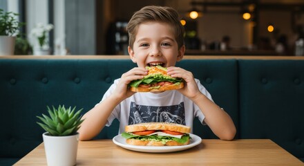 A young boy smiles as he eats a sandwich in a restaurant. A second sandwich sits on a plate before him.