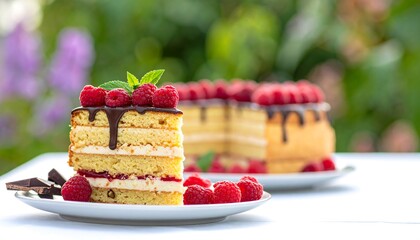 A layered dessert slice, dripping chocolate, topped with ripe raspberries, rests on a plate. Another cake rests in the background