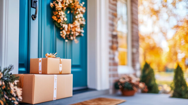 Stacked delivery packages arrive on welcoming front porch during autumn, with vibrant blue door adorned by decorative fall wreath, symbolizing e-commerce and seasonal home deliveries.
