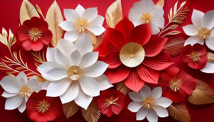 Elegant Red And White Floral Design With Gold Accents Paper Flower Background
