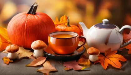 Cozy Autumn Elements Are Depicted In Vibrant Colors Featuring A Fox Teapot Pumpkin Mushrooms And A Cup Of Warm Drink Among Falling Leaves