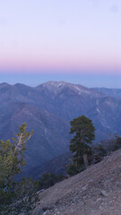 View of mountains and trees at dusk with a gradient sky from a rocky slope in the foreground © Rodrigo