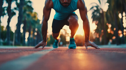 Focused male athlete in powerful starting position on reddish outdoor track, illuminated by warm glow of sunrise or sunset, embodying readiness and determination for sprint