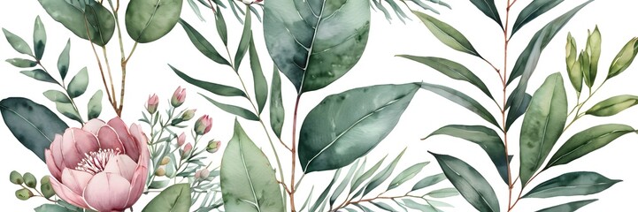 Obraz premium Tropical protea blossoms and eucalyptus greenery, seamless floral pattern in watercolor style.