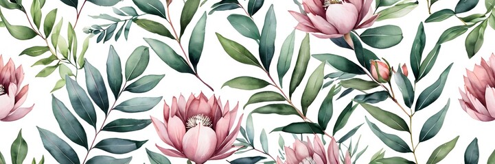 Obraz premium Elegant protea blossom with eucalyptus leaves, watercolor botanical illustration on white background.