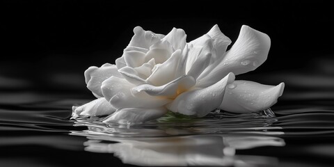 a white gardenia flower floating on a smooth, black water surface, with only the white of the petals sharply in focus