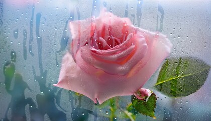 Smoke Selected Soft Focus Pink Rose Flower Leaf Through Glass With Wet Flow Water Drops Abstract Natural Blur Background