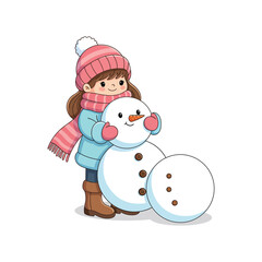 Snowman Outline Vector Drawing with Pink Hat and Scarf Standing Beside a Small Snowman