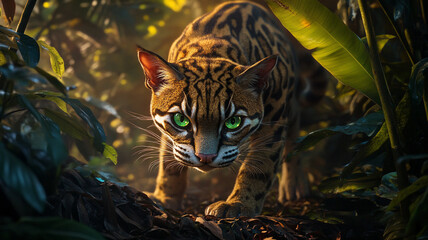 Ocelot prowling through lush jungle foliage at golden hour, emerald eyes glowing.