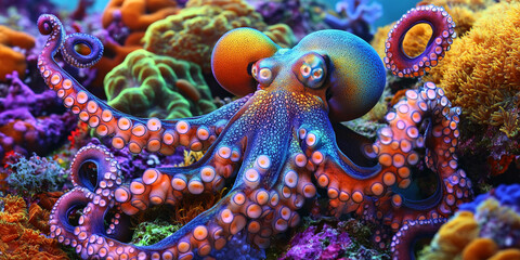 Octopus camouflaging on a coral reef, vibrant colors, ultra-detailed suction cups.