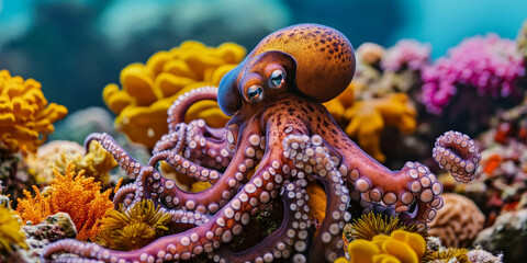 Octopus camouflaging on a coral reef, vibrant colors, ultra-detailed suction cups.
